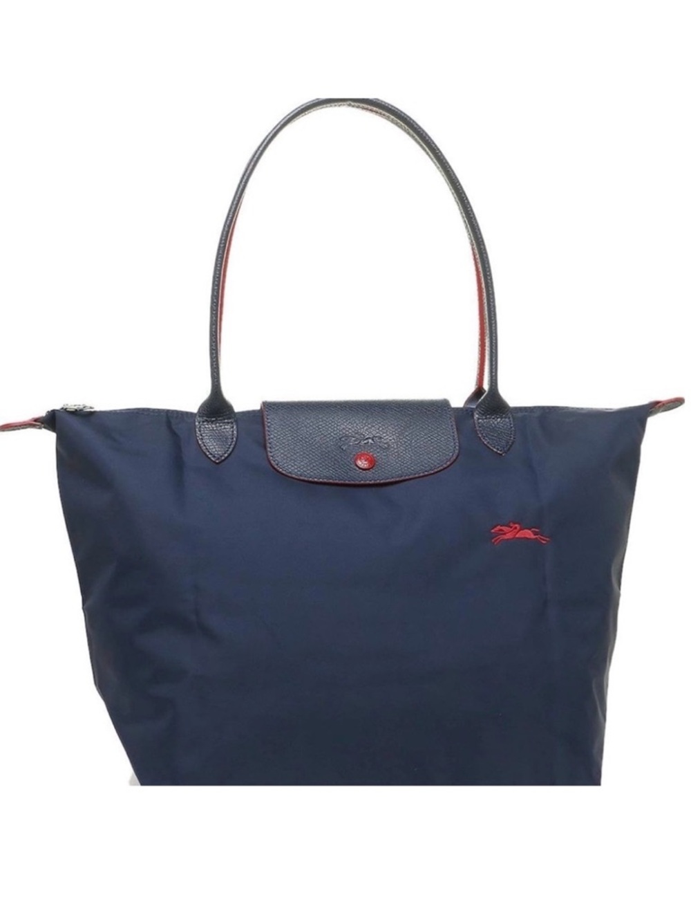 Longchamp Medium Le Pliage Club Navy Blue Nylon Shoulder Tote Bag with Red Trim